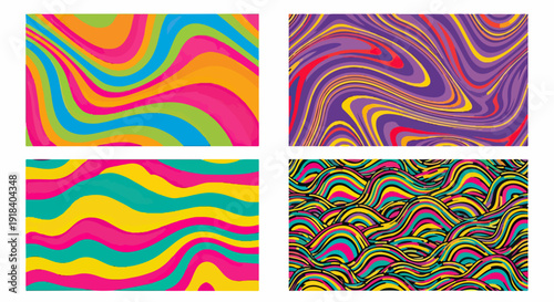 Quatre arrière-plans psychédéliques abstraits aux couleurs vives et aux motifs ondulés.