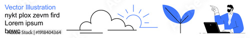 Business growth, sustainability, nature, weather forecast, remote work, communication. A cloud with sun, growing plant and man at laptop. Growth and communication concepts