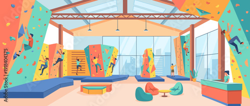 Modern Indoor Rock Climbing Gym Illustration with People Bouldering on Colorful Walls, Various Climbing Sections, Reception Desk, Lounge Area, and Large Windows with a City View Background