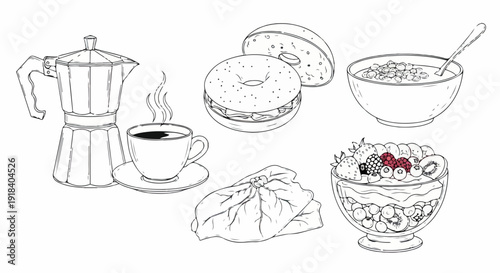 Petit-déjeuner sain et savoureux avec café, smoothie bowl, bagel et céréales