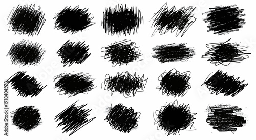 Ensemble de griffonnages noirs abstraits et texturés sur fond blanc, parfaits pour les éléments de conception.