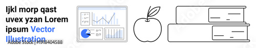 Analytics data graphs, apple, and book stack portraying learning, progress, and knowledge. Ideal for education, analytics, training, research professional development productivity simple landing