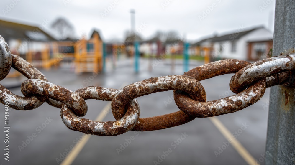 Naklejka premium Rusted Chain Locks School Gate in Playground With Grey Sky in Background During Quiet Afternoon Hours
