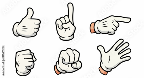 Ensemble d'icônes de mains de dessin animé dans différentes poses et gestes sur fond blanc.