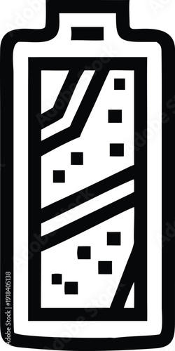 Stylized Battery Icon Indicating Low Power and Damage with Geometric Fill