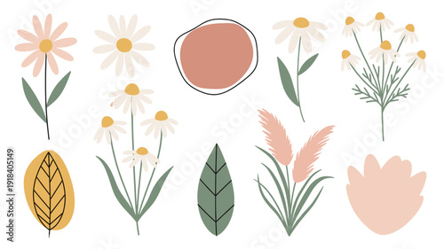 A charming collection of flat-design floral elements and abstract shapes, featuring daisies, leaves, and pampas grass in a soft, earthy color palette, perfect for modern decorative projects.