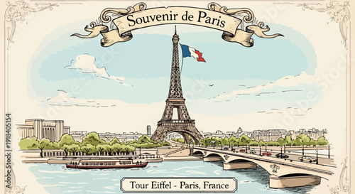 Souvenir de Paris : La Tour Eiffel emblématique avec un drapeau français flottant, sur fond de ville.