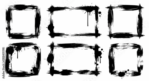 Ensemble de cadres abstraits de style grunge et éclaboussures d'encre noire sur fond blanc.