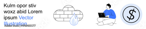 Cloud computing, cybersecurity, data protection, remote work, financial security, technology innovation. Brick wall, cloud drop of water person with laptop dollar. Cloud computing