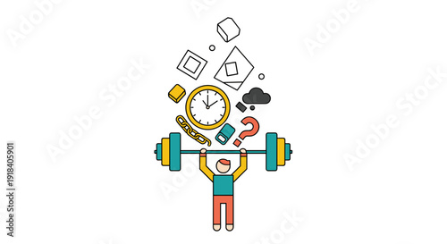 A determined individual lifts a heavy barbell, symbolizing the challenging burden of managing numerous tasks, time constraints, and complex decisions in a busy modern life.