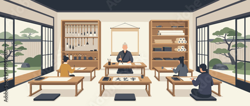 Flat Vector Illustration of a Traditional East Asian Calligraphy Workshop with a Master Teacher and Students Practicing Ink Brush Writing on Rice Paper in a Serene Zen Studio with a Garden View