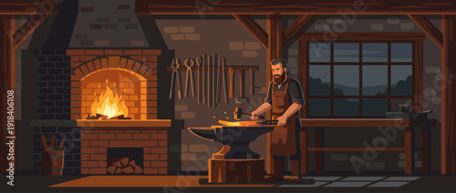 Flat Vector Illustration of a Traditional Blacksmith Working in a Forge Workshop with a Glowing Fireplace, Anvil, and Hammer, Forging Red Hot Metal in a Rustic Medieval Style Craftsmanship Scene