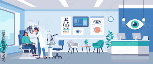 Modern Ophthalmology Clinic Vector Illustration with Optometrist Examining Patient Using Phoropter, Featuring Snellen Eye Charts, Medical Equipment, Reception Desk, and Waiting Area Interior.
