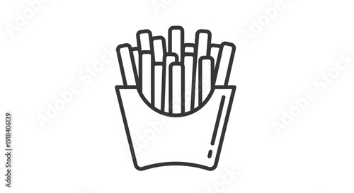 Simple line art icon of french fries in a red container, classic fast food symbol representing potato snacks and takeaway