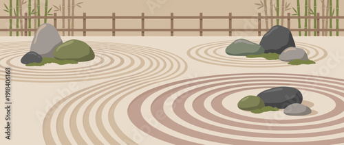 Flat vector illustration of a peaceful Japanese zen garden with raked sand patterns, carefully placed stones, moss, a wooden fence, and bamboo background. Minimalist karesansui rock garden design.