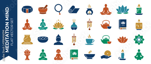 Flat Vector Icon Set of 30 Meditation and Mindfulness Accessories. Zen Symbols including Yoga Mat, Singing Bowl, Lotus Flower, Buddha, Mala Beads, Candles, Incense, Tea Set, and Spiritual Icons.