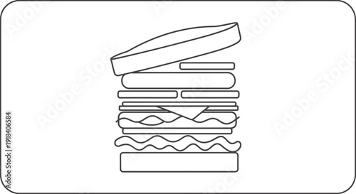 Deconstructed burger diagram vector showing exploded view of ingredients including buns meat patty cheese and vegetables inside a rounded frame border line
