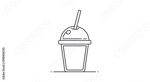 Beverage cup vector illustration in outline style with simple and clean lines, depicting a disposable drink cup with a domed lid and straw