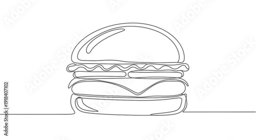 Single continuous line drawing cheeseburger vector illustration. simple burger silhouette logo. fast food icon. modern one line art food drawing