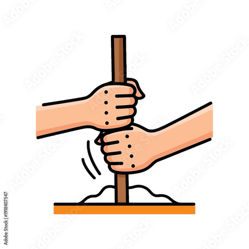 Hands gripping wooden pole in dynamic motion illustration from a front view against simple white background