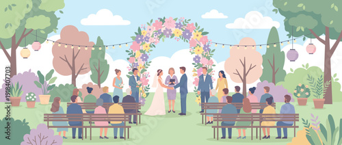 Beautiful outdoor garden wedding ceremony vector illustration with bride and groom under a floral arch, officiant, seated guests, string lights, and lush spring greenery in a flat design style.