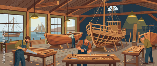 Flat Vector Illustration of a Traditional Boat Building Workshop with Skilled Shipwrights Crafting Wooden Hulls Using Hand Tools and Saws in a Rustic Shipyard Interior Overlooking a Scenic Harbor.