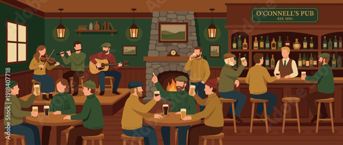 Flat vector illustration of a traditional Irish pub interior with a live folk music session, patrons drinking beer by a stone fireplace, bartender at the counter, and cozy rustic atmosphere.