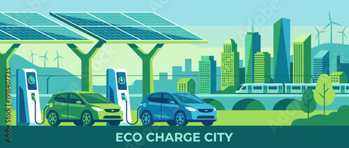 Sustainable Eco Charge City flat vector illustration featuring electric cars at charging stations powered by solar panels, wind turbines, and a modern urban skyline with green public transport.