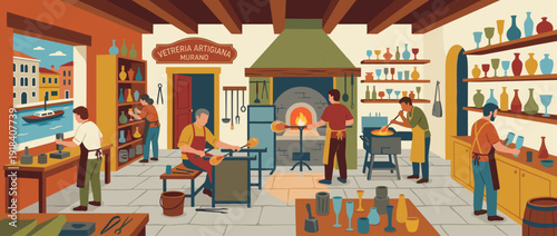 Traditional Murano Glass Workshop in Venice Italy Flat Vector Illustration Featuring Artisans Blowing Glass at Furnaces Creating Handcrafted Vases and Glassware in a Classic Venetian Setting