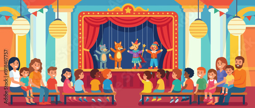 Flat Vector Illustration of a Children's Puppet Theater Show with a Diverse Audience of Kids and Parents Watching Marionettes on a Stage with Red Curtains, Bunting, and Lanterns in a Playroom.