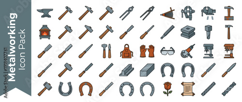 Comprehensive Metalworking and Blacksmithing Icon Set: 36 Flat Vector Icons Featuring Anvil, Hammers, Tongs, Forge, Vise, Chisels, Files, Safety Gear, Drill Press, Horseshoes, and Smithy Equipment.