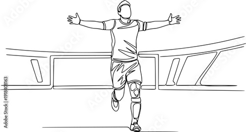 Continuous single one line art drawing of football soccer player celebrating, Match soccer goal celebration concept. Single line draw design vector graphic illustration.