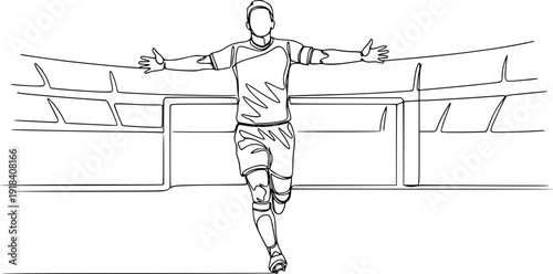 Continuous single one line art drawing of football soccer player celebrating, Match soccer goal celebration concept. Single line draw design vector graphic illustration.