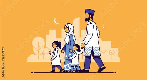Family of Muslim Father Mother Children Walking Together.