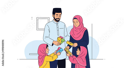 Family Receiving Gifts Together Illustration.