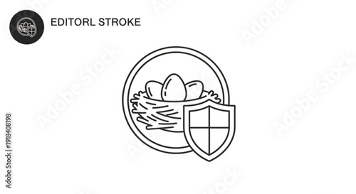 Minimalist outline icon of a shield protecting a nest with three eggs.