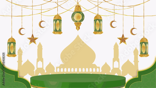 Ramadan, Eid Display Podium Adorned with Hanging Lanterns and Stars Decorations Against A Ramadan-Themed Background, Serving As A Versatile Product Display, stage, Mockup, invitation, marketing, ads