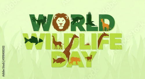 World Wildlife Day celebration text with colorful animal silhouettes integrated into the letters on a green grass background.