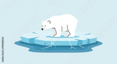 Sad polar bear standing on a melting ice floe in cracked blue water. Environmental illustration for climate change and global warming.