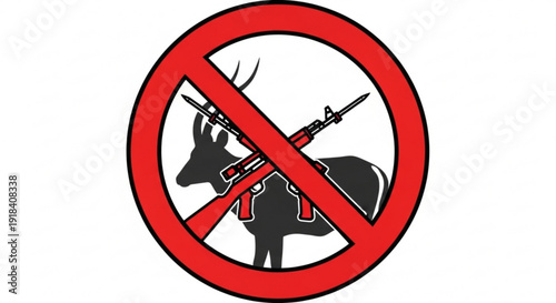 A clear no symbol over a silhouette of an antelope with crossed rifles, representing anti-poaching and wildlife protection.