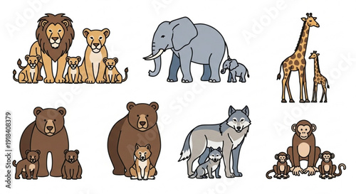 Collection of diverse wild animal families, including lions, elephants, giraffes, bears, wolves, and monkeys with their young.