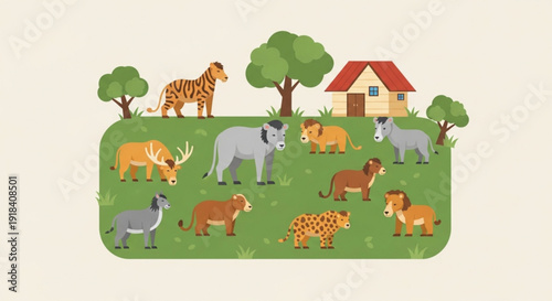 Flat cartoon illustration of various African savanna animals and jungle animals in a peaceful grassy landscape with trees and a small house.