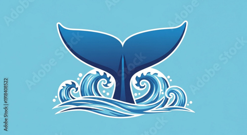 Whale tail emerging from blue ocean waves, creating a dynamic and powerful aquatic scene perfect for marine life themes.