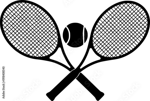 Two tennis rackets with a tennis ball in the middle. The rackets are crossed over each other vector illustration silhouette isolated on white background See Less
