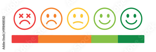 Feedback Scale with Emoticons, colorful vector illustration of five emoji from sad to happy with rating slider, isolated on white background, suitable for surveys, reviews, user experience, satisfacti
