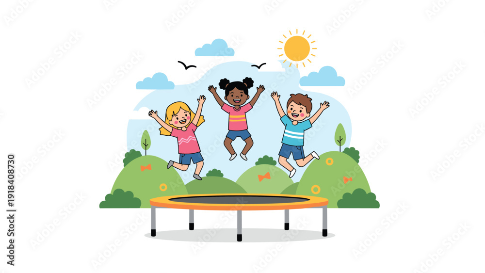 Fototapeta premium Joyful group of diverse children happily jumping on a trampoline in a sunny outdoor park, surrounded by green hills and blue sky.