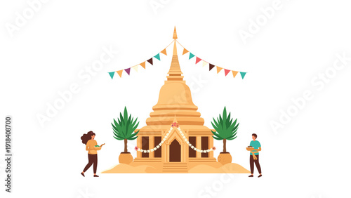 People respectfully making offerings and celebrating in front of a beautifully decorated traditional Thai pagoda, a symbol of cultural heritage.