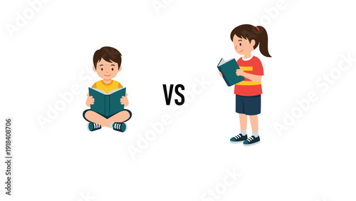 Playful comparison illustration featuring a boy quietly sitting and reading a book versus a girl happily standing and reading a different book.