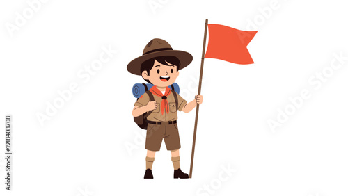 Cheerful young boy scout with a backpack, proudly holding a red flag, embodying adventure, readiness, and a spirit of exploration.
