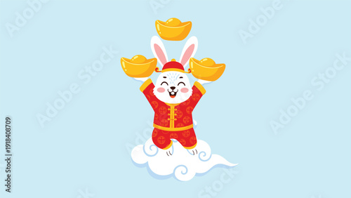 Happy rabbit in traditional Chinese attire joyfully holding three golden ingots, symbolizing wealth and good fortune, floating on a white cloud.